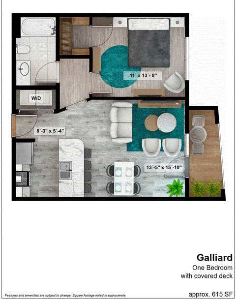 a floor plan of the galleria one bedroom with covered deck